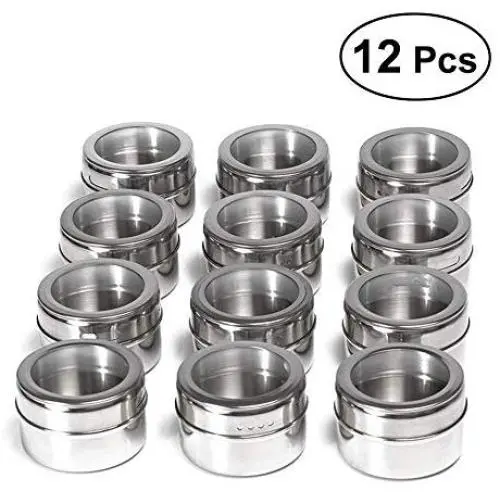 Magnetic Spice Tins Set with Clear Top Lid, 12 PCS Stainless Steel Multi-Purpose Round Storage Containers Jars with Sift and Pour, Magnetically Stick on Refrigerator and Grill Magnetic Spice Tins Set with Clear Top Lid, 12 PCS Stainless Steel Multi-Purpose Round Storage Containers Jars with Sift and Pour, Magnetically Stick on Refrigerator and Grill