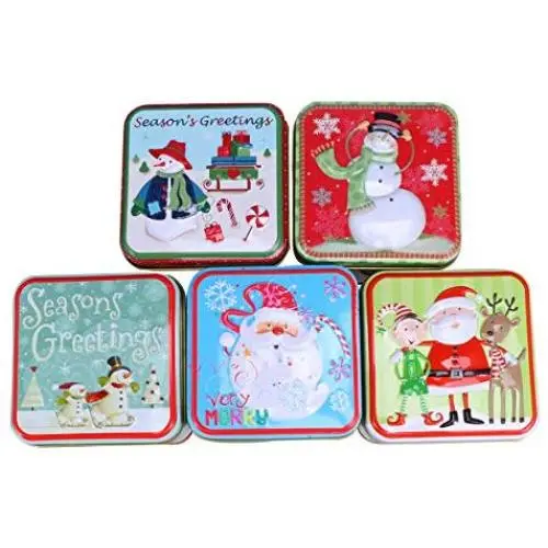 5er Set Weihnachts Blechschatzen, Süßigkeitenboxen, Quadratische Geschenkschachteln, Süßigkeitenbehälter, Münzbehälter, Keksdose für Weihnachten