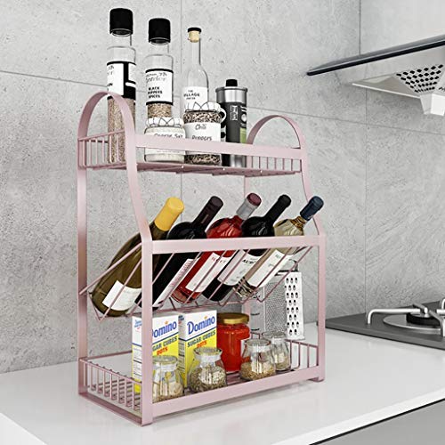 3 Tier Metal Kitchen Spice Rack Countertop Standing Corner Shelf, Pratical Simple Seasoning Organizer Jars Bottle Cans Storage Holder With Tilted Design for Easily Picking,13.6&quot6.9&quot16.9",Pink,BLack