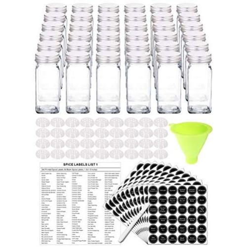 36 Glas Gewürzdosen mit 396 Gewürzlaptops, KreideMarker und Funnell Set Komplett. 36 Quadratische Glasbehälter 4 OZ, Luftdichte Deckel, Für/Sieb-Shaker Deckel