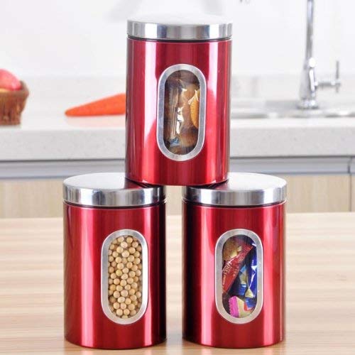 3pcs StainlessXH Steel Window Canister Tea Coffee Sugar Nuts Jar Storage Set (Red)