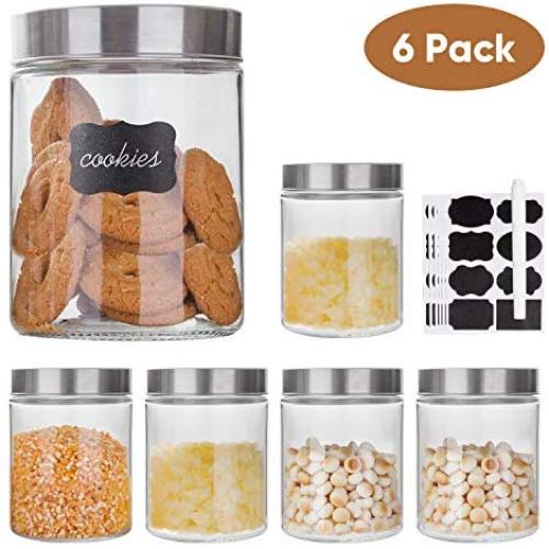 Glass Storage Jars with Stainless Steel Lids For The Kitchen,Set of 6,44 oz