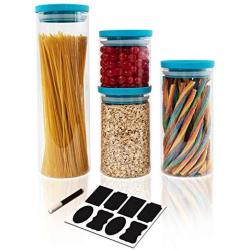 BERG & MON Stackable Glass Storage Containers with Airtight Teal Lids | Set of 4 Canisters for Kitchen Counter or Pantry Organization | Jar Set for Dry Food Ingredients | Bonus Jar Labels and Marker