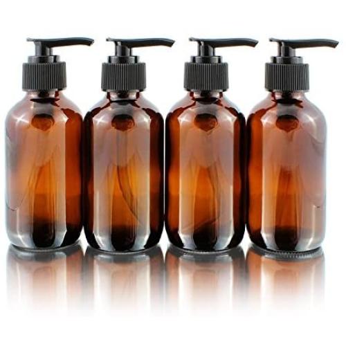 Cornucopia Brands 4oz Amber Glass Pump Bottles (4-Pack); Great for Lotions, Liquid Soap, Aromatherapy and More