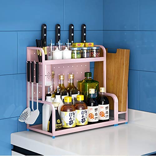 3 Tier Stainless Steel Kitchen Spice Rack Countertop Standing Corner Shelf Seasoning Organizer Jars Bottle Storage Knife Utensils Holder with 3 Hooks, Rose Gold (4 Lengths for Choice)