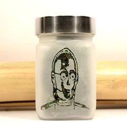 Stash Jar with Robot Design - Etched Glass, Airtight, Smell Resistant Herb Storage - 3&quotTall x 2" Wide Personal Storage