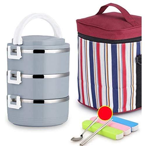 Thermos Food Jar Thermos 304 Stainless Food Flask,Leakproof Insulated Food Containers,Portable Insulated Bag,Multi-storey (Color : Blue, Size : 2100ML)
