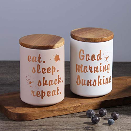 Ceramic Food Storage Containers with Airtight Wooden Lids Small Coffee Canisters Jars,Pantry Organization and Storage for Tea Coffee Snacks Sugar Flour Spice 2 Piece Set