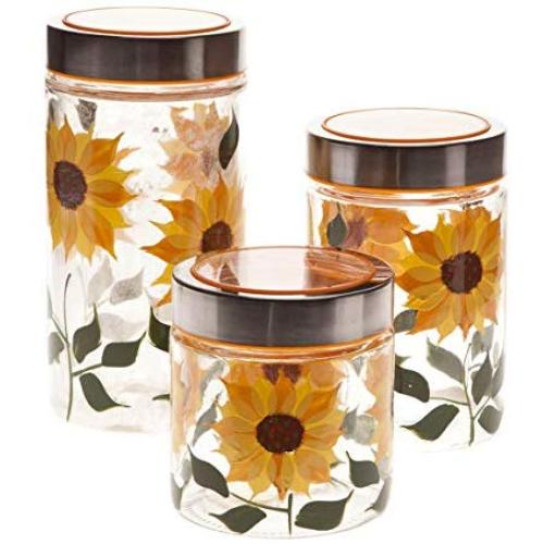 Walter Drake Sunflower Canisters, Set of 3 in Different Sizes, Clear Glass with Painted Design & Metal Lids