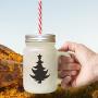 Brown Christmas Tree #6 Frosted Glass Mason Jar With Straw