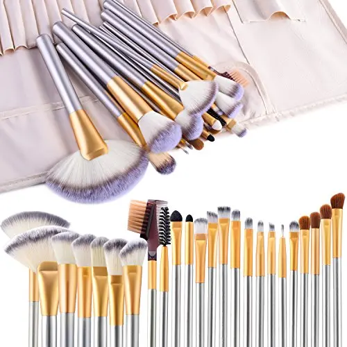 VANDER LIFE 24er Premium Kosmetik Pinsel Set für Foundation, Rouge, Concealer, Lidschatten, Tierfreundliche synthetische Fasern, Reisekosmetiktasche inklusive, Champagner