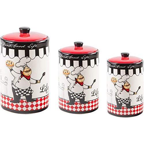 Classic Ceramic Set of 3 Fatboy Chef Design Canister Round Jars with for Kitchen - Food Storage - Lid and Rubber Gasket