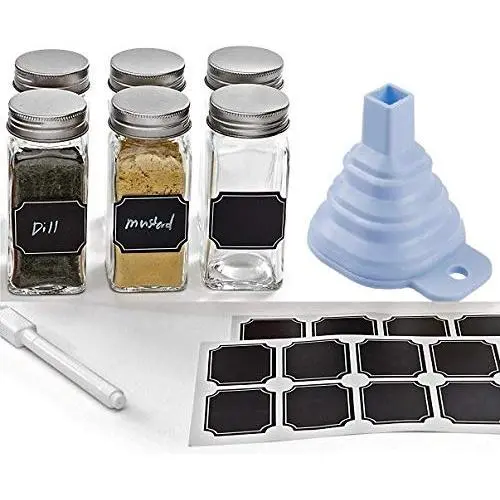 6er Set – Quadratische Glas Gewürzbehälter mit Schüttelverschluss, Kreideaufkleber & Stift, Trichter und silberne Metallverschlüsse, 120 ml Fassungsvermögen, von Premium Vials