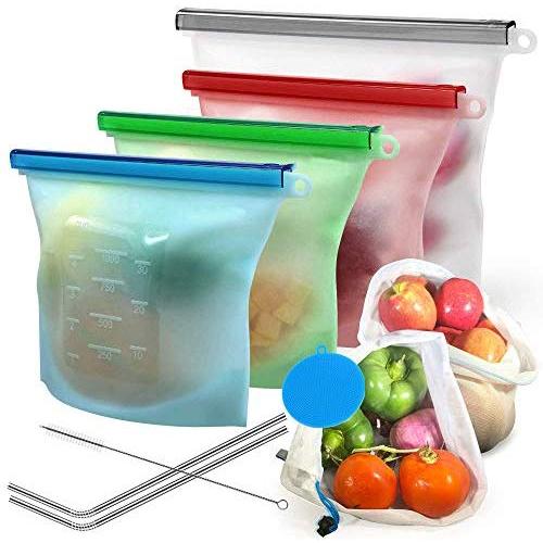 Reusable Silicone Food Bags (Large and Small, Set of 4) + Bonus Stainless Steel Straws & Produce Storage Bags ， Insulated Plastic Lunch Bag，Baggies for Sandwich, Kids, Snack, Freezer Dishwasher Safe