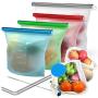 Reusable Silicone Food Bags (Large and Small, Set of 4) + Bonus Stainless Steel Straws & Produce Storage Bags ， Insulated Plastic Lunch Bag，Baggies for Sandwich, Kids, Snack, Freezer Dishwasher Safe