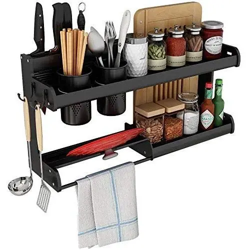 Wandregale für Gewürze, LYNNTLJ, 2-stufige Aluminiumlegierung für Küche, zur Aufbewahrung von Gewürzgläsern und -flaschen/Schwarz / 59,6 x 16 x 28,6 cm