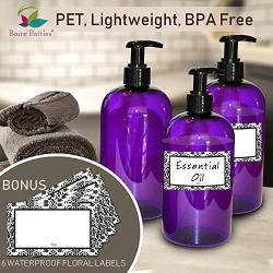 Baire Bottles - 16 Ounce Purple Plastic Bottles with Black Lotion Pumps - Organize Soap, Shampoo and Lotion - PET, Lightweight, No BPA - 6 Pack, including 6 Damask Labels