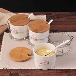 Kitchen seasoning box/Ceramic Condiment Storage Container with Tray Cherry Blossom Seasoning jar Three-Piece Set (Color : B)