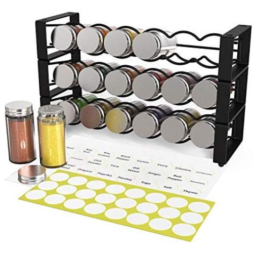 X-cosrack 3 Tier Stackable Spice Holder Storage Rack with 18 Glass Empty Jars & 48 Labels Freestanding Black Frosted Iron Seasoning Condiment Display Shelf 13.4