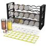 X-cosrack 3 Tier Stackable Spice Holder Storage Rack with 18 Glass Empty Jars & 48 Labels Freestanding Black Frosted Iron Seasoning Condiment Display Shelf 13.4