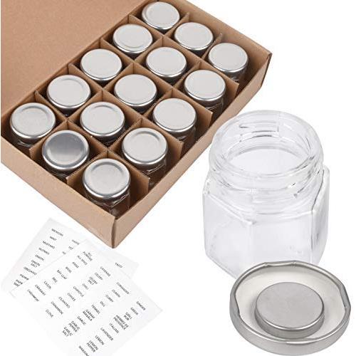 15-Pack Magnetic Spice Jars Hexagon Glass Spice Jars With Stainless Steel Strong Magnet Lids - Space Saving Storage For Dry Herbs And Spices - Great for Fridge, Backsplash and More