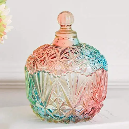 HOUSIYU Candy Jar Diamond Cut Face Colorful Glass Storage Jar Cookie Jar with Crystal Lid, Wedding Candy Buffet Container, Crown HOUSIYU Candy Jar Diamond Cut Face Colorful Glass Storage Jar Cookie Jar with Crystal Lid, Wedding Candy Buffet Container, Crown