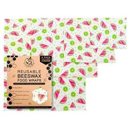 Reusable Beeswax Food Wraps | Assorted 4 Pack - S, M & L (Includes XL Bread Wrap) Reusable Organic Eco Friendly Natural Storage Alternative to Plastic. Wax wraps with Jojoba Oil | Kiwi & Watermelon