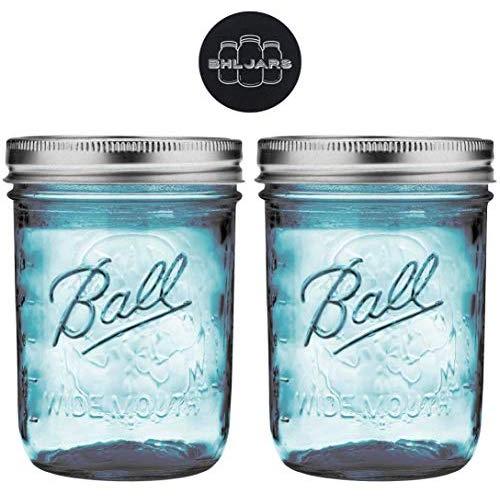 Ball Mason Jars 16 oz Wide Mouth Aqua Blue Colored Glass Bundle with Non Slip Jar Opener- Set of 2 Half Quart Size Mason Jars - Canning Glass Jars with Lids and Bands