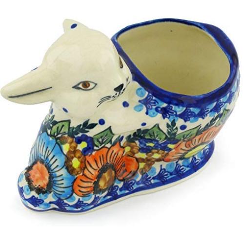 Polish Pottery Bunny Shaped Jar 5-inch Bold Poppies UNIKAT Polish Pottery Bunny Shaped Jar 5-inch Bold Poppies UNIKAT