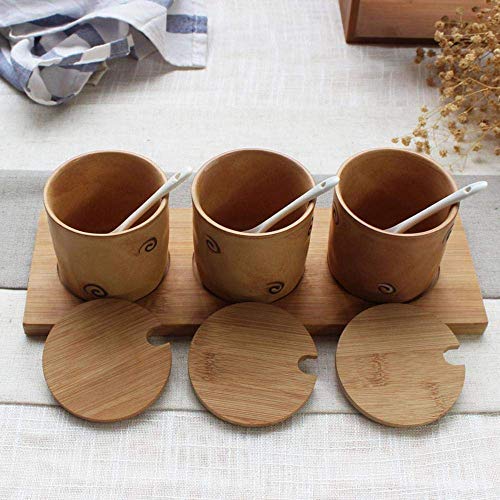 Kitchen seasoning box/Ceramic Condiment Storage Container with Tray Chicken Essence Seasoning jar Three-Piece Set (Color : C)