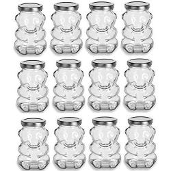 Premium Vials, 9 Ounce, Glass Bear Jar - For Honey, Jam, Favors - Case of 12 (With Silver Lids)