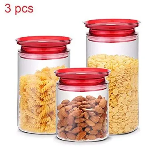 3 Pcs Glass Storage Jars - Clear Glass Bulk Food Storage Canister for Serving Tea, Coffee, Spice, Candy, Cookie - Keep Food Dry
