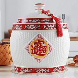 Food Storage Rice Ware Porcelain Rice Cylinder Kitchen Storage Tank Sealing Cap Moisture-proof Jar Rice Storage Bucket Organization Sets (Color : White+Red, Size : 2127cm)