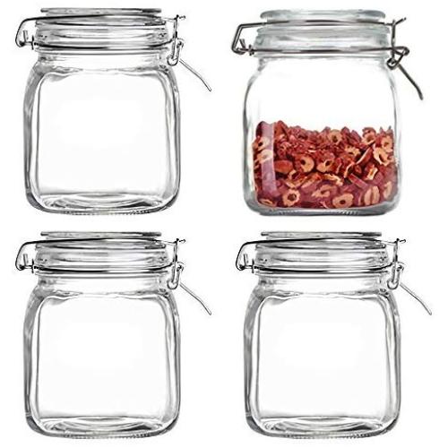 Kingrol 4 Pack 34 Ounces Glass Jars, Wide Mouth Storage Canister Jars with Bail and Trigger Clamp Lids