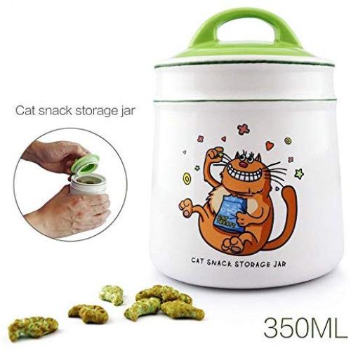 Ceramic Cat Treat Jar Container Pet Treats, Pet Food Storage Canister with Non-Skid Silicone Rim for Dogs and Cats (Color : White)