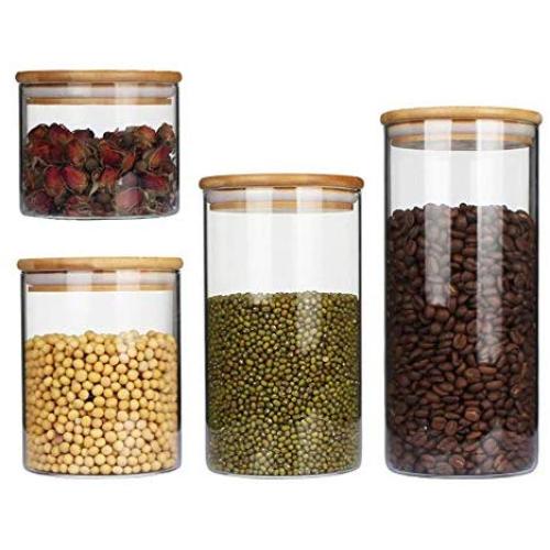 4pc Set Airtight Glass Food Storage Jars with Bamboo Lid and Silicone Washer Glass Preservation Jar for Candy, Cookie, Rice, Sugar