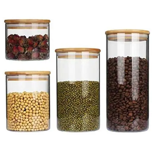 Airtight Glass Food Storage 4pcs Food Canisters With Bamboo Lid Sealed Jar Multi-Purpose Food Container For Kitchen & Household Storage Of Dry Goods, Peanut Butter, Nuts, Cookie, Flour, Candy