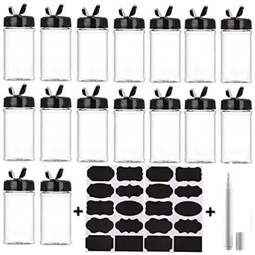 Lot de 16 Pots en Plastique Transparent de 7oz avec Bouchon Noir, Idéal pour le Stockage d'Épices, d'Herbes et de Poudres (avec étiquettes à craie) Lot de 16 Pots en Plastique Transparent de 7oz avec Bouchon Noir, Idéal pour le Stockage d'Épices, d'Herbes et de Poudres (avec étiquettes à craie)
