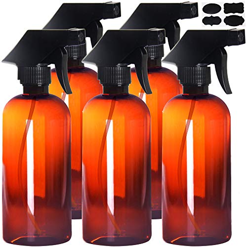 Youngever 5 Pack Empty Amber Plastic Spray Bottles, 16 Ounce Refillable Container for Essential Oils, Cleaning Products, or Aromatherapy, Trigger Sprayer with Mist and Stream Settings