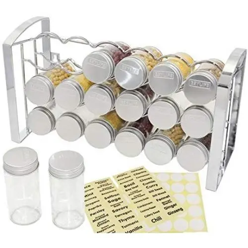 TQVAI Countertop Spice Jars Rack Wall Mounted Herb Organizer with18-Glass Jars 48 Labels Stickers, Chrome