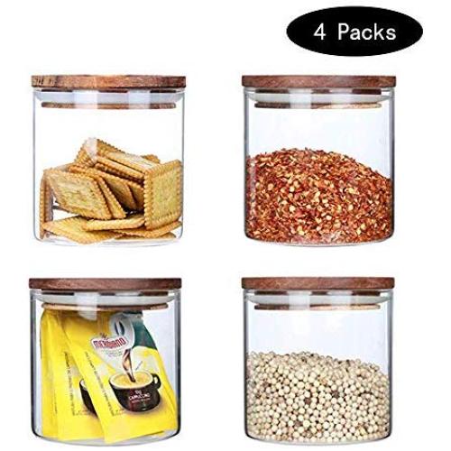 Cshopping 4PCS Glass Storage Jar, 500ML Glass Food Storage Container, Air Tight Glass Canisters with Bamboo Lids, Perfect Container for Kitchen, Food Container for Candy, Cereal, Beans
