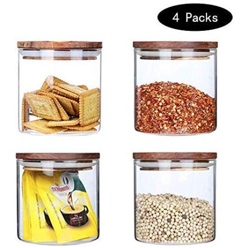 Cshopping 4PCS Glass Storage Jar, 500ML Glass Food Storage Container, Air Tight Glass Canisters with Bamboo Lids, Perfect Container for Kitchen, Food Container for Candy, Cereal, Beans