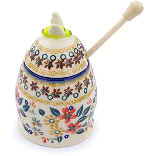 Polish Pottery 5?-inch Honey Jar with Dipper (Red Anemone Meadow Theme) + Certificate of Authenticity