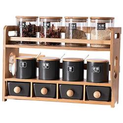 QETU Ceramic Spice Jars Containers Suit, Pepper, Salt, Chili Tank Containers with Lids, Three-Tier Kitchen Sealed jar Storage Rack