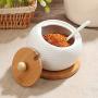 Ceramic cruet seasoning jar salt bowl sugar bowl kitchen household ceramic seasoning jar glass lid storage tank wooden tray,3pcs-P