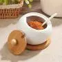 Ceramic cruet seasoning jar salt bowl sugar bowl kitchen household ceramic seasoning jar glass lid storage tank wooden tray,1pcs-F Ceramic cruet seasoning jar salt bowl sugar bowl kitchen household ceramic seasoning jar glass lid storage tank wooden tray,1pcs-F