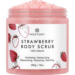 Sweet Strawberry Exfoliating Body Scrub - Organic Dead Sea Salt Natural Exfoliator Anti Aging Acne Cellulite Wrinkles Moisturizing Nourishing Vitamin E Vitamin C Coconut Oil Scrubs for Women Men 10 oz