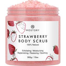 Sweet Strawberry Exfoliating Body Scrub - Organic Dead Sea Salt Natural Exfoliator Anti Aging Acne Cellulite Wrinkles Moisturizing Nourishing Vitamin E Vitamin C Coconut Oil Scrubs for Women Men 10 oz