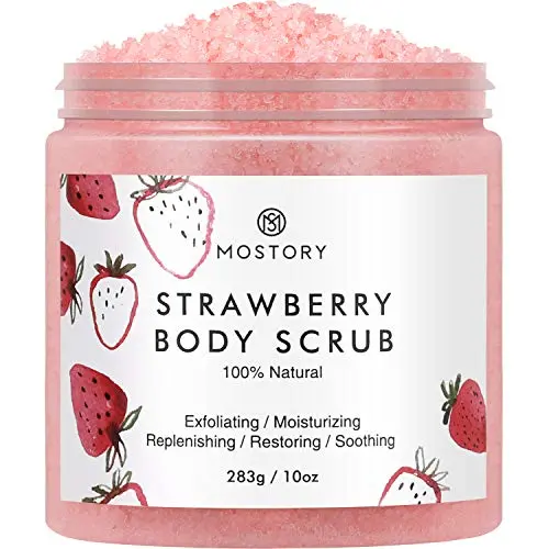 Sweet Strawberry Exfoliating Body Scrub - Organic Dead Sea Salt Natural Exfoliator Anti Aging Acne Cellulite Wrinkles Moisturizing Nourishing Vitamin E Vitamin C Coconut Oil Scrubs for Women Men 10 oz