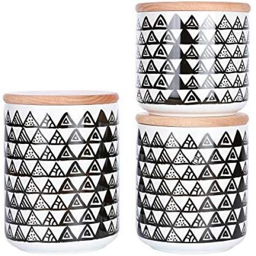 Printed Ceramic Canister Jar Container For Food Storage with Wood (Beech) Lid, Kitchen Canister, Sugar Jar, Coffee and Tea Jar, Flower Nuts Container Jars, 3 piece set (17 oz, 22 oz, 25 oz) (Black)